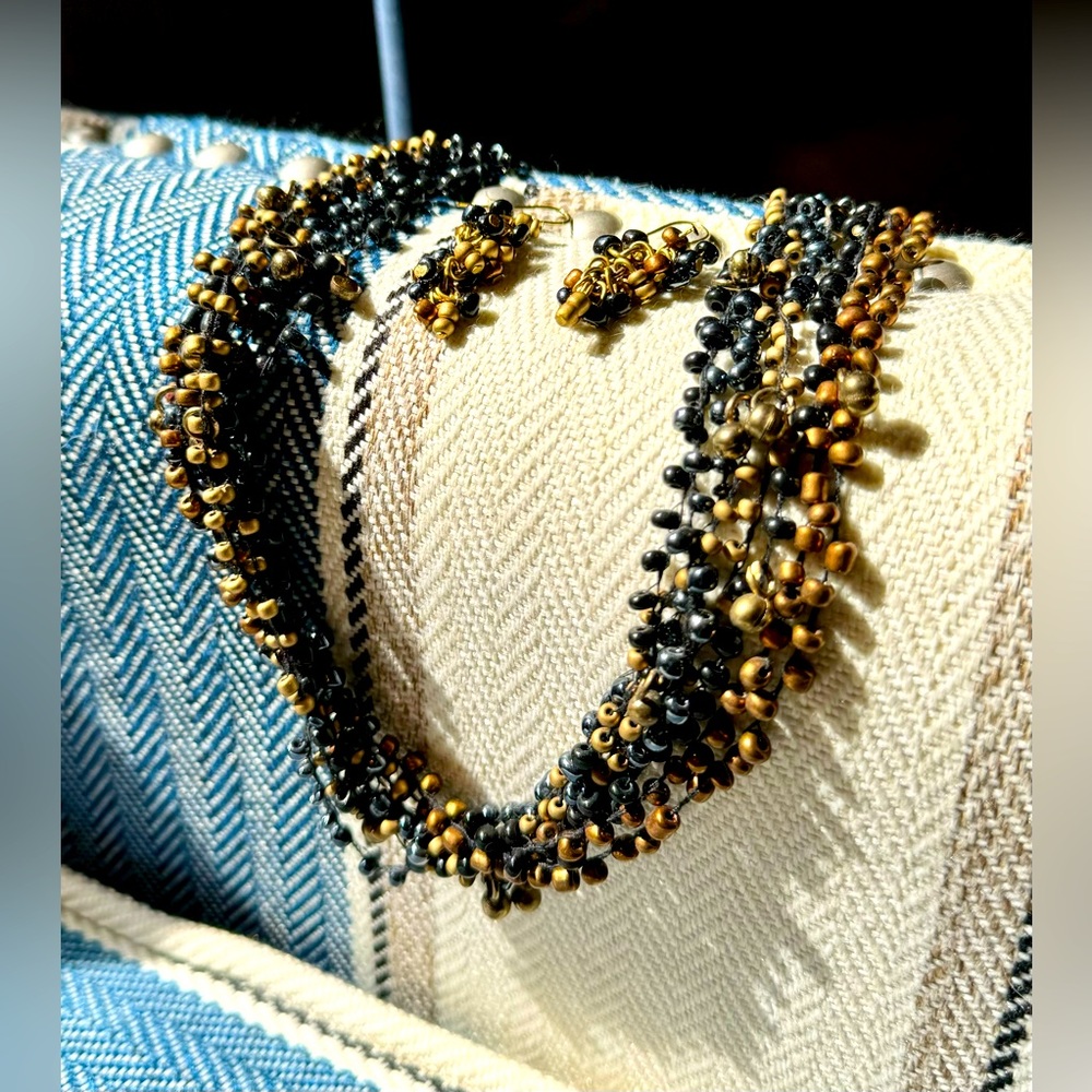 Blue, Bronze and Gold-Colored Bead Necklace and Earrings Set
